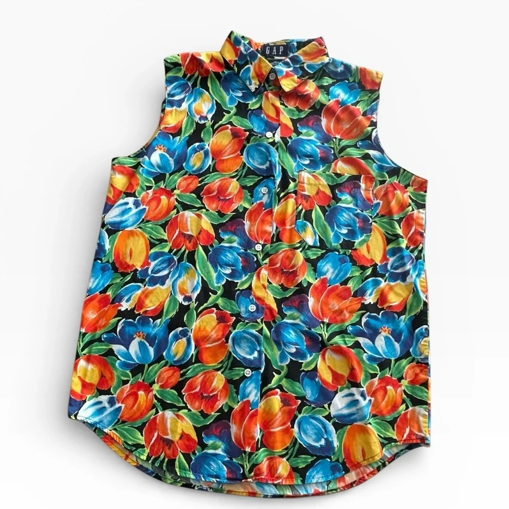 Gap 90s vintage sleeveless button-down shirt 100% cotton colorful floral tulip